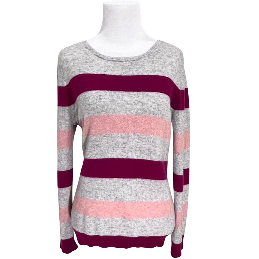 Pure Cashmere Striped Crewneck Sweater in Gray, Pink & Burgundy/Magenta - L